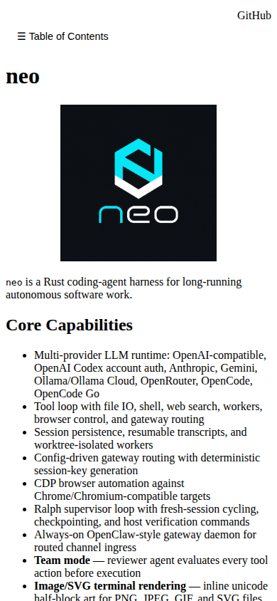 Neo docs mobile view